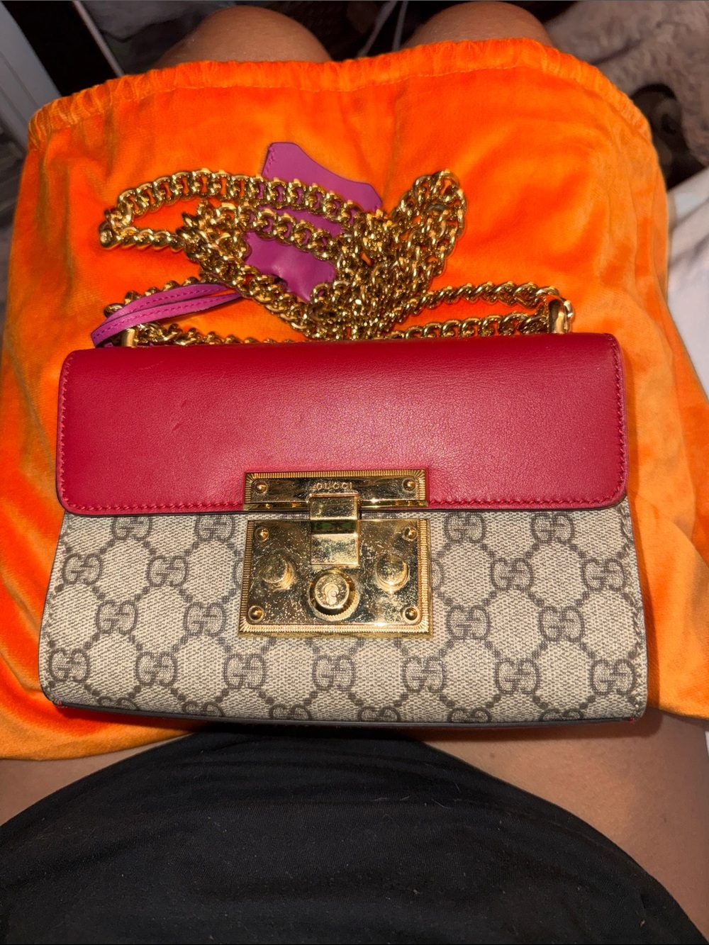 Gucci GG Supreme Shoulder Bag with Burgundy Flap and Gold Hardware